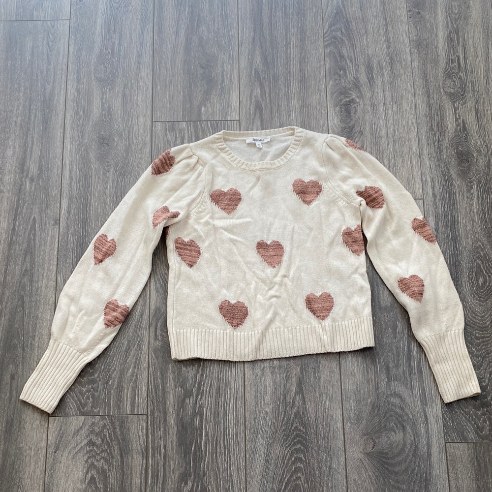 Splendid - Cream Crewneck Sweater with Light Pink Heart Details - Size XS